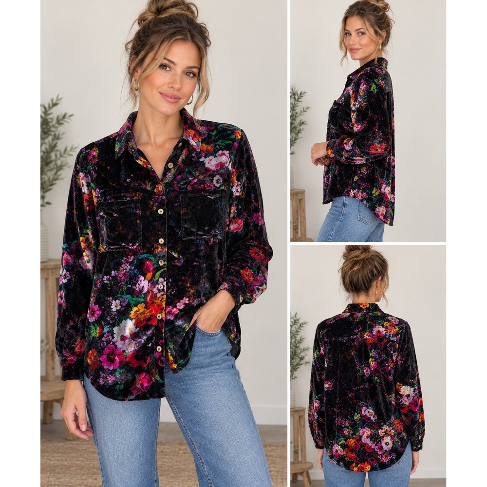 Pilcro Button Down Floral Velvet Black Motif Boho Blouse Size S